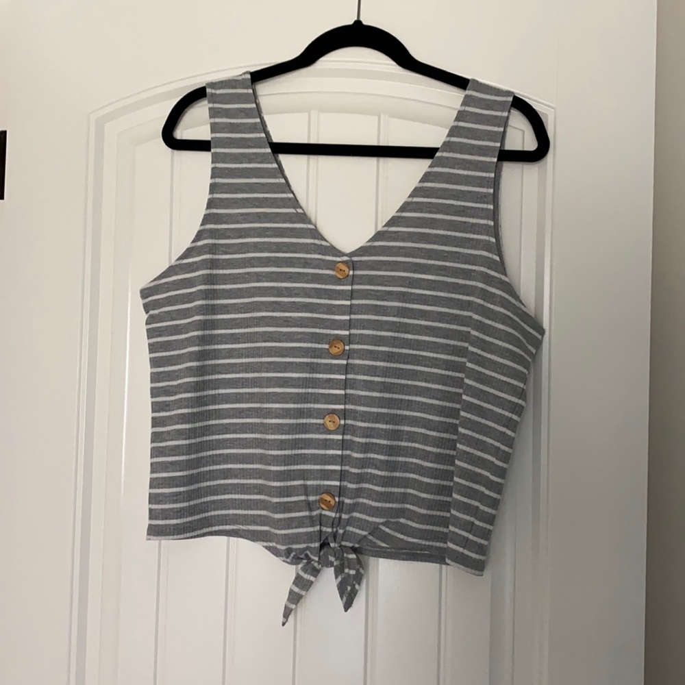 Grey and White Striped Tie Front Tank